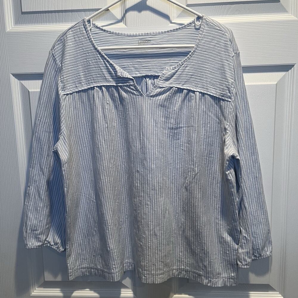 Lands End Striped Slub Top Size Large 3/4 Sleeve V-Neck 100% Cotton Casual